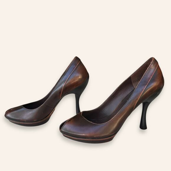 Pin Up Peep Toe Brown Leather Heels Modern Vintage Brand size 7.5 (38) - Picture 3 of 6